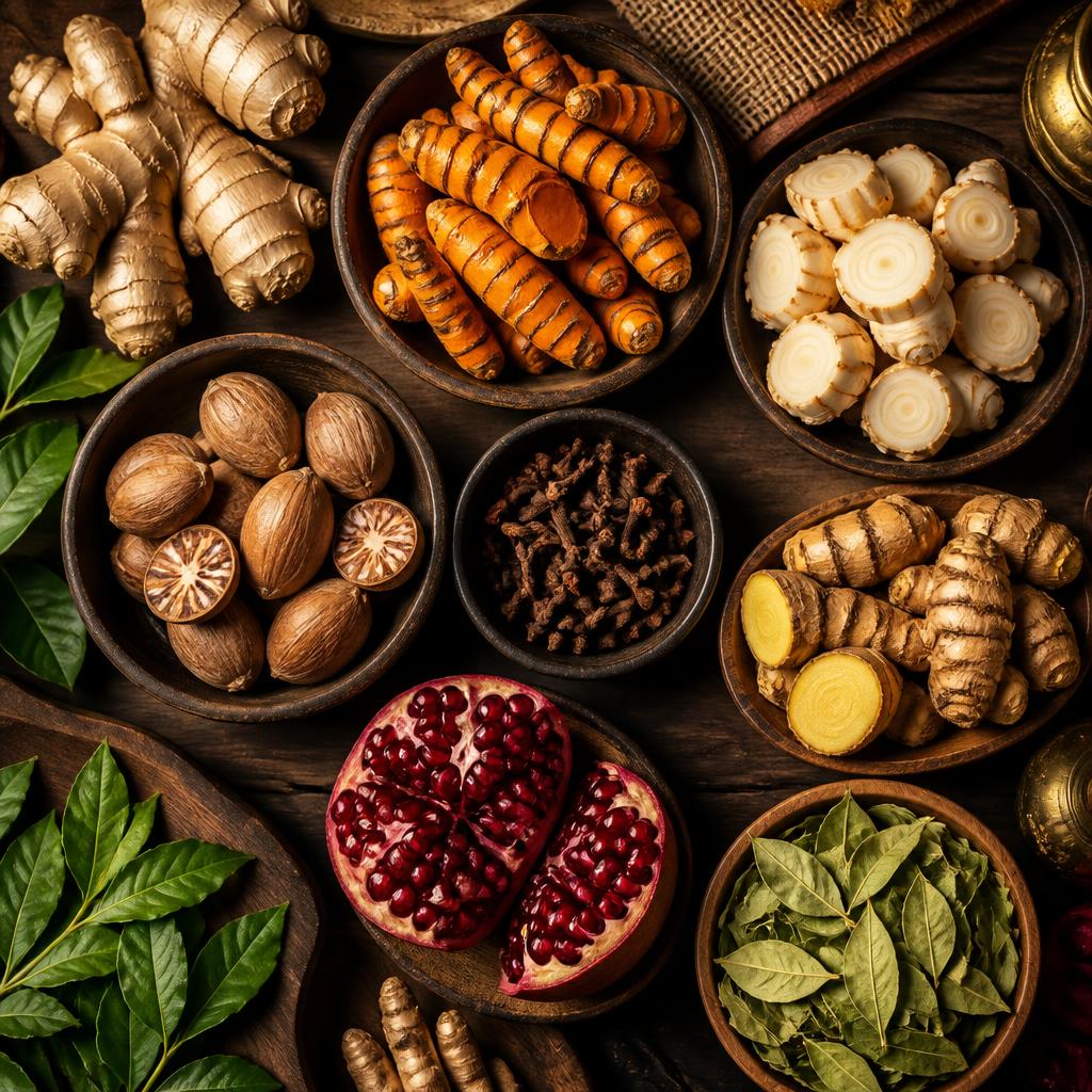 Aneka rempah dan herbal khas Bima ditata di atas kayu