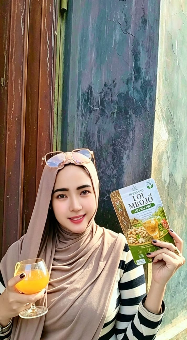 Pengusung HERBABAG memegang kemasan LO'I MBOJO dan segelas seduhan herbal