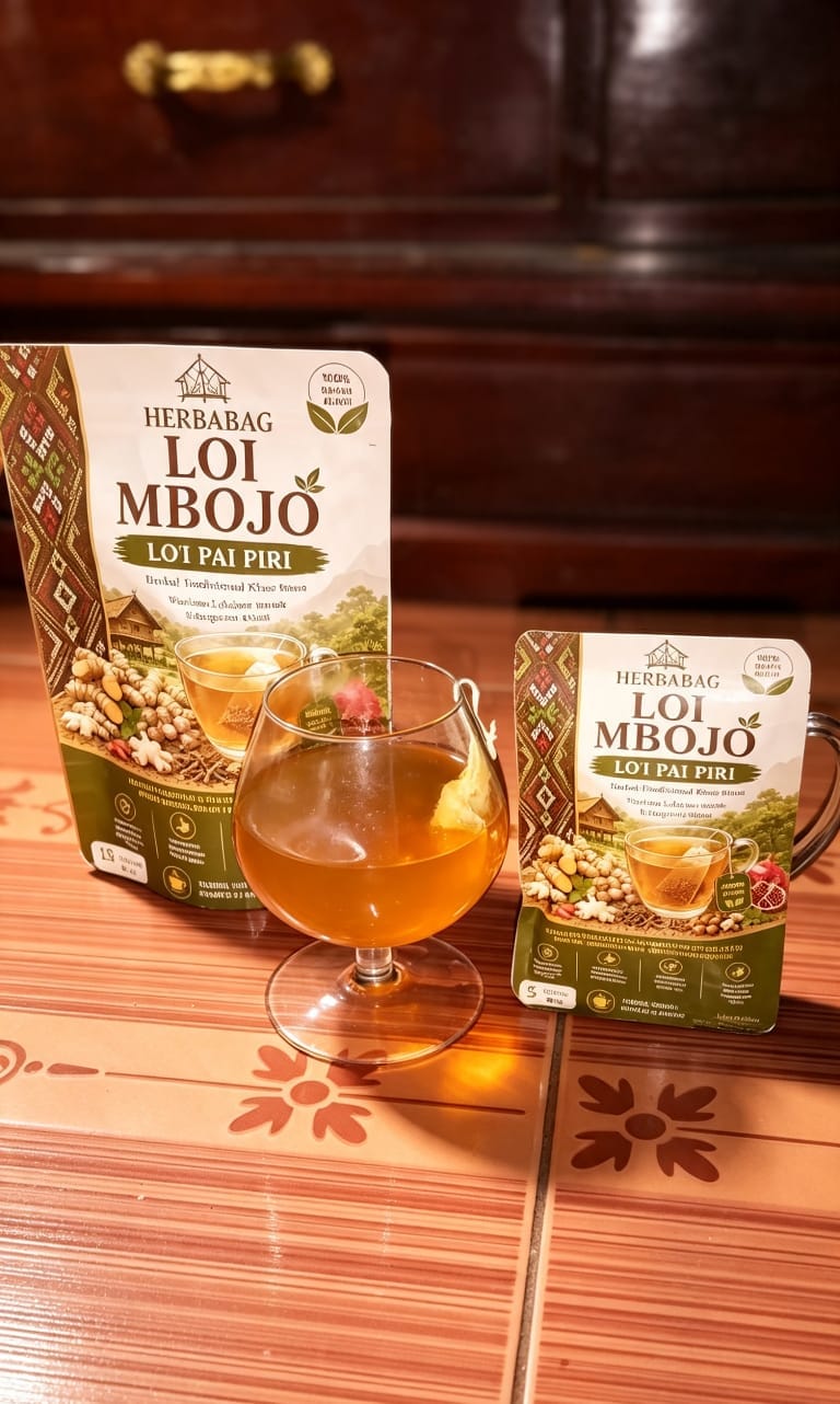 Dua kemasan HERBABAG dengan segelas seduhan herbal hangat